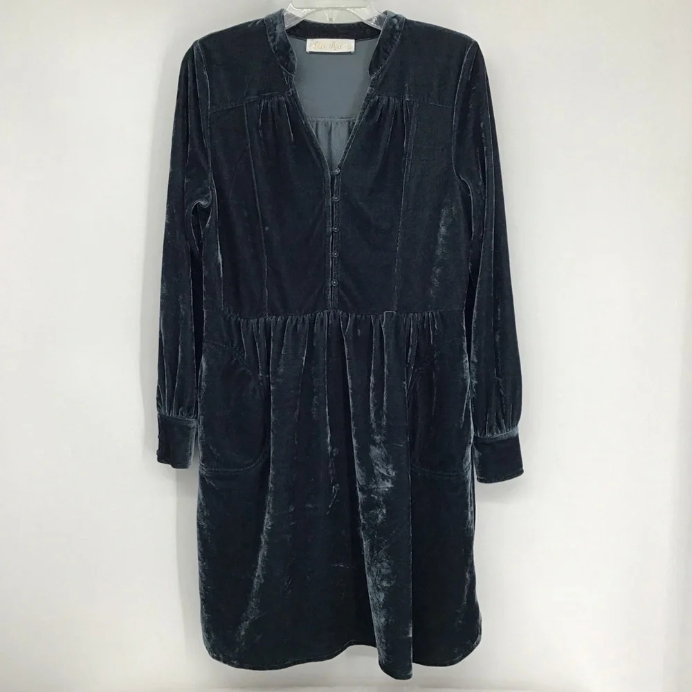 Elle Rae Velvet Shirt Dress Button-Up Stand Collar Midi Green Dress Size S